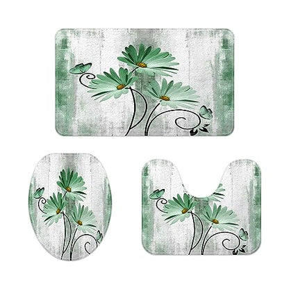 Rustic Farmhouse Bath Mat Set - Daisy Floral & Butterfly Country Wooden Bathroom Mat with Non-Slip Bath Rug, Soft Toilet Lid Cover, Contour Mat - Turquoise - color: Greed