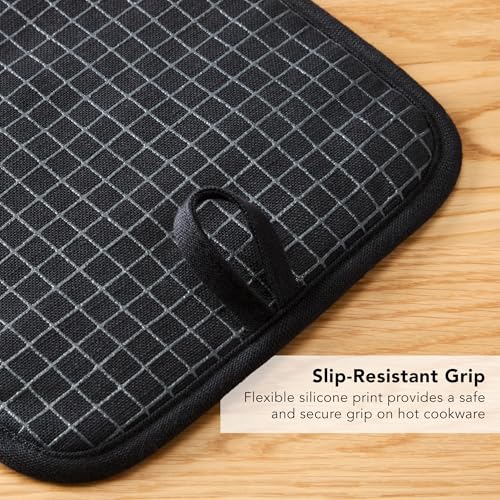 KITCHENAID Gourmet Series Gridlines Pot Holders 2-Pack Set, Heat Resistant up to 600°F, Soft Silicone Grip, Magnetic Cuff, Matte Black, 8"x8" - color: Matte Black