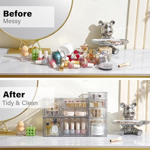Prsildan Acrylic Drawer Makeup Organizer with 9 Drawers, Set of 3 Office Desk Organizers Accessories, Clear Stackable Storage Drawers for Vanity, Countertop, Craft, Jewelry, Art Supply Organization - size: 9 Drawers