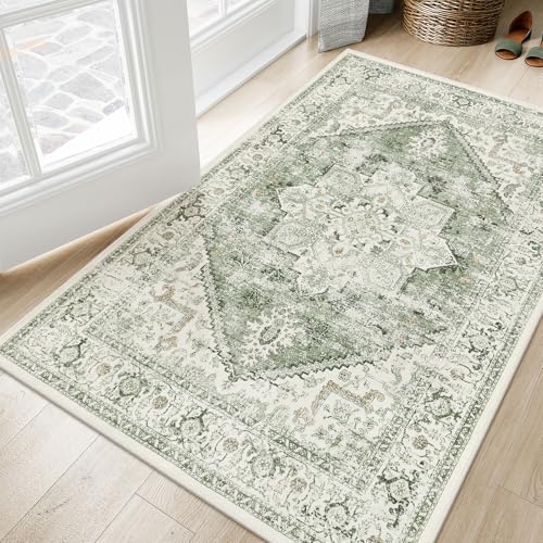 LIVEBOX Sage Washable Vintage Area Rug 3x5 Non-Slip | Low Pile, Machine Washable, Distressed Print, Indoor Carpet for Entryway, Bedroom, Kitchen, Foyer, Laundry Room - color: Medallion Sage, size: 3' x 5' (Rectangular)