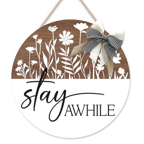 OLMIXA Stay Awhile with Bow Wooden Sign (12x12 inch), Minimalist leaves Flower Front Door Hanger, Funny Welcome Hanging Sign for Porch Entryway Living Room Decor - color: stay awhile