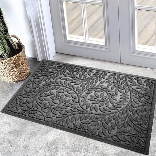 Bulijojo Front Door Mat Entrance,Durable Heavy Duty Welcome Mat,Thick Absorbent Natural Rubber Non Slip Mat,Sturdy Entryway Grey 23"x35" - color: Grey, size: 1'11" x 2'11" (Leaf)