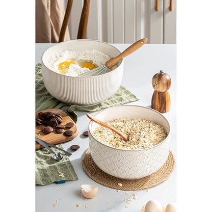 Mikiegy Ceramic Mixing Bowls Set of 2, Nesting Ceramic Embossment Stoneware Mixing Bowls for Cooking, Serving, Popcorn, Salad etc, Microwave & Dishwasher Safe, 98/145 oz, Off-White - size: 98&145 oz