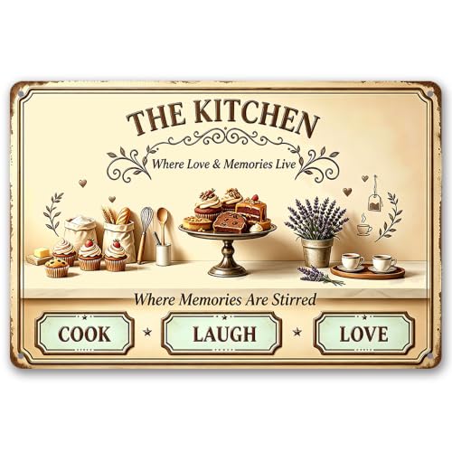 Kitchen Tin Sign, Cook Laugh Love Dessert Kitchen Decor, 12x8 | Cook Laugh Love Vintage Kitchen Metal Sign, Dessert Theme Farmhouse Kitchen Decor, Sweet Gift for Bakers & Home Cooks - color: Cook Laugh Love