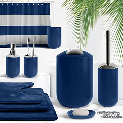 Clara Clark Bathroom Set - Navy Bathroom Accessories Set, Bathroom Sets with Shower Curtain and Rugs, 23PC Shower Curtain Set with Liner, Soap Dispenser, Soap Dish, Toilet Brush Holder, and Trash Can - color: Navy, size: Complete Set + Bath Rugs