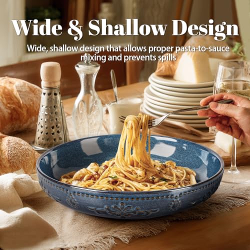 Pasta Bowls, 50oz Large Salad Serving Bowls, 9.75'' Plates Bowls Set of 4, Big Ceramic Soup Bowls for Kitchen, Embossment Shallow Dinner Bowl, Microwave Dishwasher Safe, Multiple Patterns, Blue - color: Blue (Multiple Patterns)