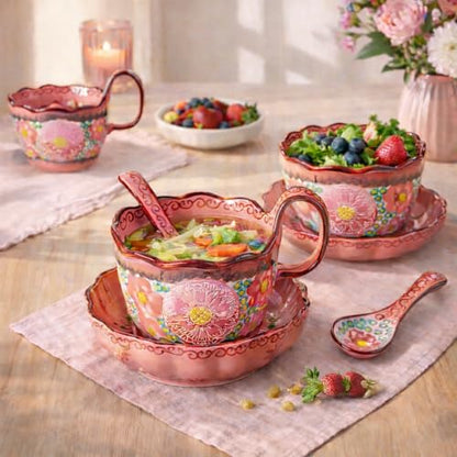 Soup Bowls with Handles, 3Pcs Ceramic Pink Plates and Bowls Sets with Cup, Spoon & Plate, Soup and Sandwich Plate Combo, Polish Pottery Mug for Breakfast, Snacks, Dessert, Dishwasher & Microwave Safe