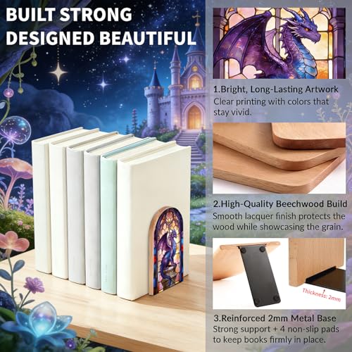 Dragon and Castle Wooden Bookends, Book Ends for Shelves | 1 Pair 5"x3.15" Decorative Wood Book Supports, Cute Shelf Stoppers for Heavy Books, Office Desk, Study Room & Home Decor - style: Dragon and Castle