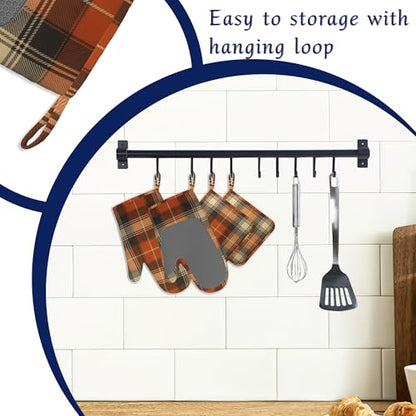 Brown Buffalo Plaid Oven Mitts and Pot Holders Retro Check Silicone Kitchen Accessories Set of 4 Heat Resistant Non-Slip Long Gloves Potholder for Chef Cooking Baking Gifts Women Men - color: Brown Buffalo Plaid,retro Check