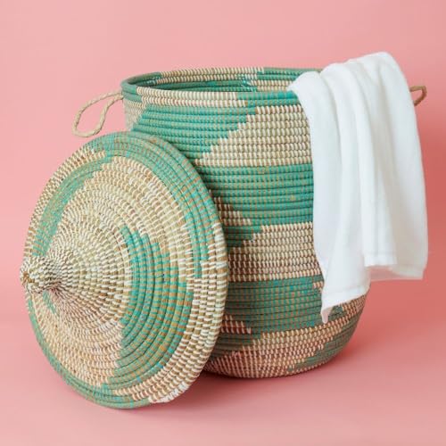 Decorative African Hooded Basket with Lid and Handles, 15" Wide, 19" Tall (Turquoise) - color: Turquoise