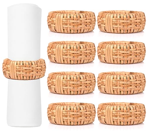 Woven Cane Napkin Rings for Table Settings,Textured Cane Napkin Holder Set of 8, Boho Chic Dining Beach House Decor & Chic Dining Accessory (Brown) - ALPHA Living HOME - color: Camel Brown, size: 8- Pack