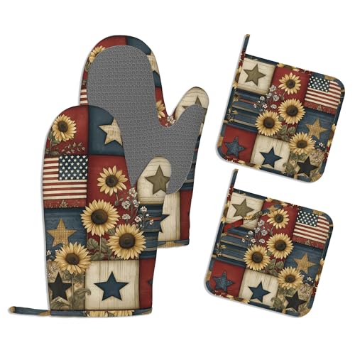 Kitchen Mitts Set,Vintage Sunflower Oven Mitts and Pot Holders Sets,Thick Cotton Heat Resistant 4th of July Flag Hot Pan Holder Extra Long Cooking Mitts for Cooking Baking Grilling BBQ Bakeries - color: Vintage Sunflower