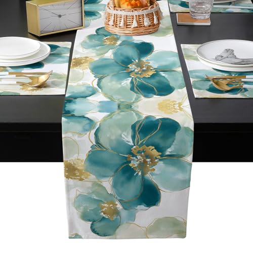 Table Runner and Placemats Set of 4 Watercolor Blue Teal Golden Flowers Decorative Dining Table Runner with Matching Placemats Modern Art Table Decor for Kitchen Dining Room and Everyday Use 13x70in - size: 13"x70"+4pcs