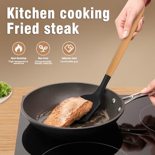 Silicone Cooking Utensils Set - AVGPD Silicone Kitchen Utensils for Cooking Wooden Handles, 446°F Heat Resistant Kitchen Utensil Spatula Sets, Gadgets for Non-Stick Cookware BPA FREE (Black) - color: Black