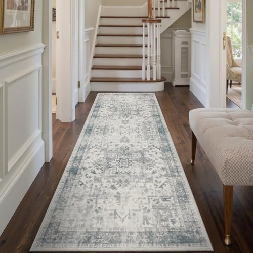 2x6 Blue Hallway Runner Rug,Non Slip Vintage Rug | Soft,Machine Washable & Non Slip,Low Pile,Ideal for Girls Room, Nursery,Kids Room - color: Blue & Grey, size: 2' x 6' (Runner)