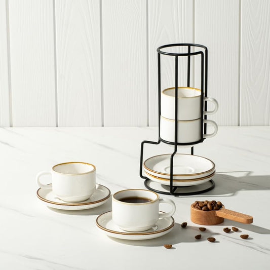 ONEMORE 2.5 Oz Espresso Cups Set of 4, Stackable Porcelain Coffee Cups with Saucers and Metal Stand, White Demitasse Mugs for Espresso, Cappuccino, Latte, Microwave & Dishwasher Safe - color: Cream White