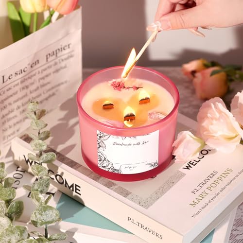 6 Pack Glass Candle Jars with Lids (16oz, Frosted Pink) - Large Candle Jars for 3 Wick Candles Making - Empty Candle Jars Containers - Candle Making Accessories Include 16Pcs Candle Labels - color: Frosted Pink