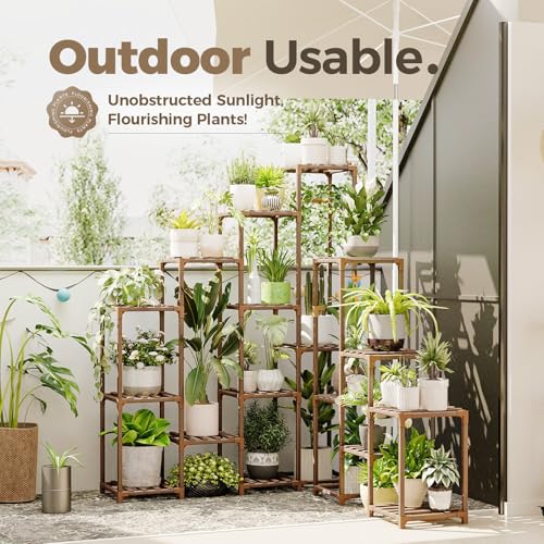 Bamworld Plant Shelf Indoor Large Plant Shelf Tall Flower Stands 16 Pots Outdoor Plant Rack for Garden Balcony Patio Window Living Room Corner Wood