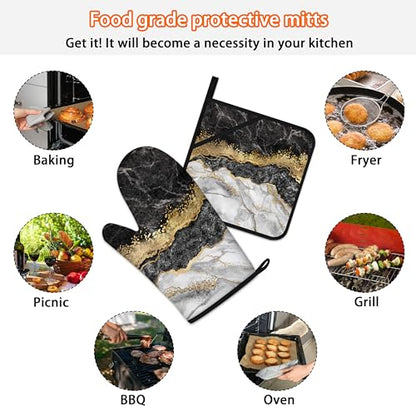 Black Gold Oven Mitts and Pot Holders Sets Marble Kitchen Accessories of 4 Heat Resistant Oven Gloves Hot Pads with Non-Slip Silicone Surface for Chef Cooking Baking - color: Black & Gold