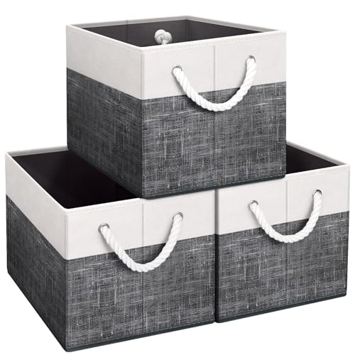 Storage Bins 3-Pack, Foldable Storage Baskets for Organizing Toys, Books, Shelves, Closet, Large Storage Box with Rope Handles, Sturdy Organizer Bins, White & Black | 3-Pack Storage Bins for Organizing Toys, Books, Shelves, Closet, Large Storage Box Sturd