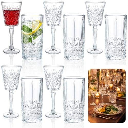 Uiifan 12 Pcs Drinking Glassware Set 6 Highball Glasses 12 oz 6 Glass Goblets 10 oz Crystal Glassware Set Clear Fancy Cups Vintage Textured Designer Cup for Cocktail Tea Water Beer Soda Dishwasher