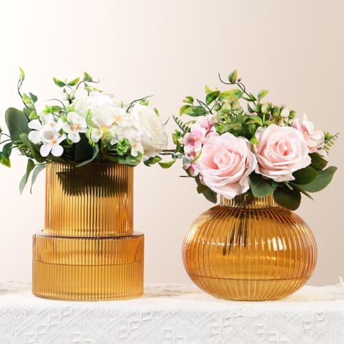Ribbed Glass Vases, Set of 2 Fluted Vases for Flowers, Amber Glass Vase for Tulips, Modern Vase for Living Room, Kitchen, Office, Entryway, Mantle, Bookshelf, Wedding Gifts, Birthday - color: Amber, size: Ribbed + Round (2-Pack)