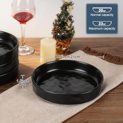 LIANYU 8.25’’ Pasta Bowls Set of 4, 33oz Large Wide Shallow Dinner Plates | Stoneware Salad Plate, Ceramic Serving Bowl Sets for Soup, Cereal, Fruit, Microwave & Dishwasher Safe, Obsidian Matte Black - color: Matte Black