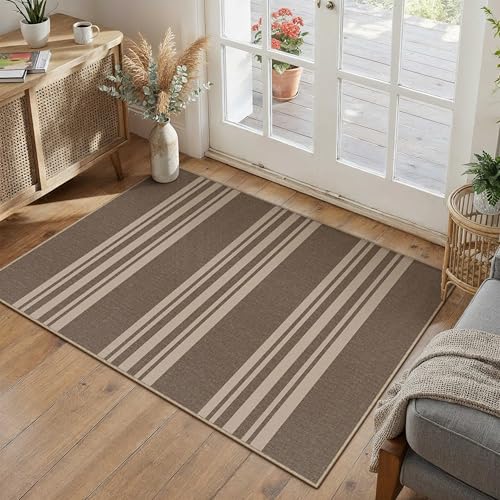 Outdoor Rug 2x3 Washable Striped Jute Look Non Slip Mat | Brown Stripe Farmhouse Design, Indoor Outdoor Entryway Door Mat for Kitchen, Mudroom and Bathroom, Non Shedding, Easy Care - color: Brown/Striped, size: 2' x 3' (Rectangular)