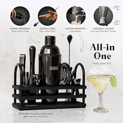 BARE BARREL® Mixology Bartender Kit Bar Set | 14-Piece Cocktail Shaker Set | Martini Barware Mixing Tools for Home Bartending | 35 Recipe Cards | Gift Set (24oz Cobbler Shaker, Jet Black/Black) - color: Jet Black/Black