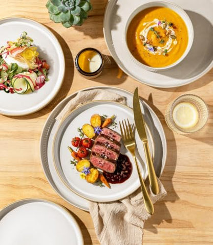 GBHOME Stoneware Dinnerware Sets for 4, 12 Pieces Plates and Bowls Set | Lightweight Ceramic Ribbed Dishes,Reactive Glaze Stackable Plate Set,Scratch Resistant,Microwave Dishwasher Safe,VanillaLatte - color: Vanilla Latte