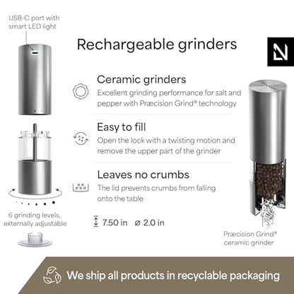 LARS NYSØM Electric Salt and Pepper Grinder Set I Automatic Salt and Pepper Mills with Adjustable Ceramic Grinder I USB Rechargeable Electric Spice Mill Set with LED Light (Stainless Steel) - color: Stainless Steel, size: Set of two electric mills