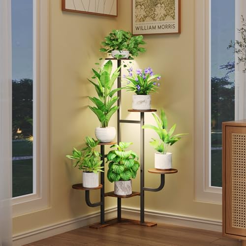 Corner Plant Stand with Grow Light - 6 Tier Plant Stand Indoor Round Metal Plant Shelf with Adjustable Light, Plant Organizer for Living Room, Garden, Home Decor, Brown - color: Round-Brown-with Lights