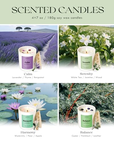 AOOVOO Calm Candles Set for Women - 4 Pack Soy Candles for Home Scented | 28 oz Soy Wax, Aromatherapy Candle with Crystals, Amethyst Calm/Clear Quartz Serenity/Rose Quartz Harmony/Lapis Lazuli Balanc - style: Calm Candles Set