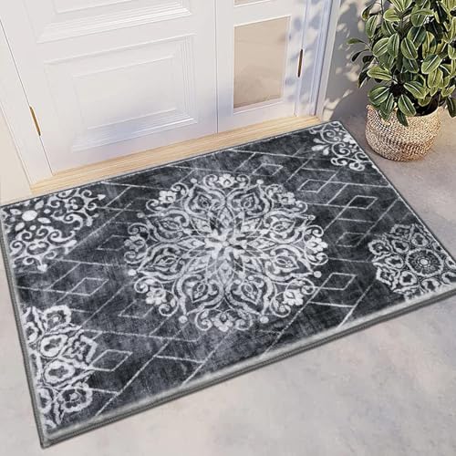 HEBE Indoor Door Mat 2'x3', Washable Welcome Mat for Front Door Entrance | Non Slip Soft Boho Entryway Rug, Vintage Distressed Low-Pile Entry Mats Floor Carpet for Entrance, Porch, Bathroom - color: Black/Grey, size: 2' x 3' (Rectangular)
