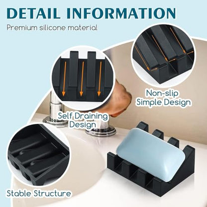 Silicone Soap Dish Self Draining with Suction Cups (Black, 2 Pack) | Waterfall drainage design drains fast to keep soap dry silicone soap saver with reusable suction cups for bathroom & kitchen - color: Black, size: 2
