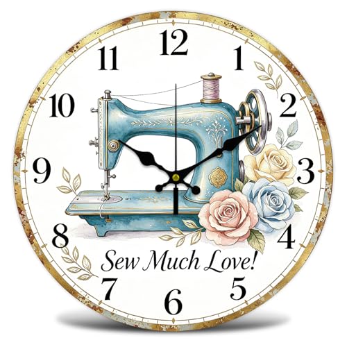 Vintage Sewing Wall Clock Silent Non-Ticking 12" for Living Room Decor | 1 AA Battery Operated (not Included); Easy to Read; Keep Accurate Time; Vintage; Kitchen Bedroom Indoor Use - color: Sewing Machine