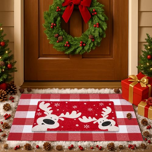 2-Piece Christmas Door Mat Combo Set - Reindeer Coir Doormat 17"x30" + Red White Buffalo Plaid Rug 28"x43", Layered Front Door Decor for Porch/Entryway, Natural Coir with PVC Backing - color: Red White & Big Plaid + Reindeer