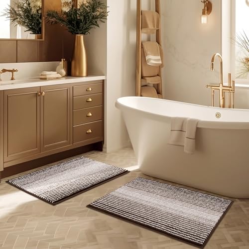 Bathroom Rugs and Mats Sets, 2 Piece Thick Absorbent Chenille Bath Mat Rug Set Non Slip, Soft Shaggy Bath Room Floor Mats for Bathroom, Machine Washable (Brown, 20" x 32" Plus 16" x 24") - color: Brown, size: 20" x 32" Plus 16" x 24"