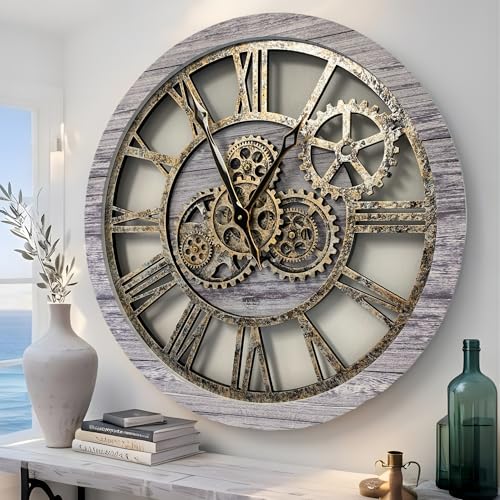 The Gears Clock The Original Real Moving Gear Wall Clock Vintage Industrial Oversized Rustic Farmhouse (24 inch (60cm),Silver Grey) - color: Silver Grey