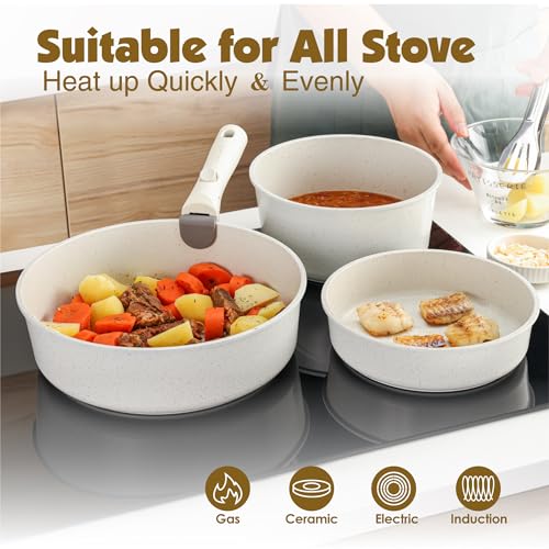 SENSARTE 24 Piece Nonstick Detachable Handle Pots and Pans Set White | Removable Handle Cookware Set, Induction Cookware Set with Removable Handle, Healthy Non Stick for RV, Dishwasher ＆ Oven Safe - color: White, size: 24 Piece