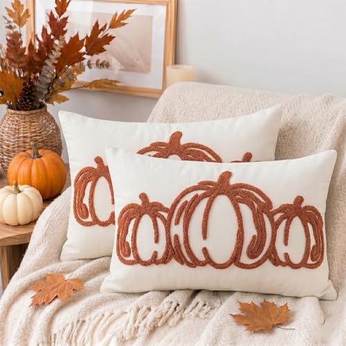 Caramel Orange Fall Lumbar Pillow Covers 12x20 Inches Set of 2, Tufted Outline Pumpkins Throw Pillow Covers, Modern Luxury Embroidered Thanksgiving Decorative Rectangular Cushion Cases - color: Caramel Orange, size: 20" x 12" (Pack of 2)