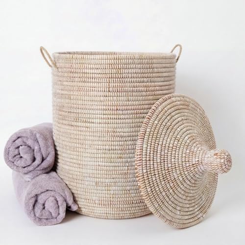 Decorative African Hooded Basket with Lid and Handles, 15" Wide, 19" Tall (White) - color: White