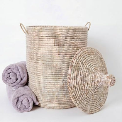 Decorative African Hooded Basket with Lid and Handles, 15" Wide, 19" Tall (White) - color: White