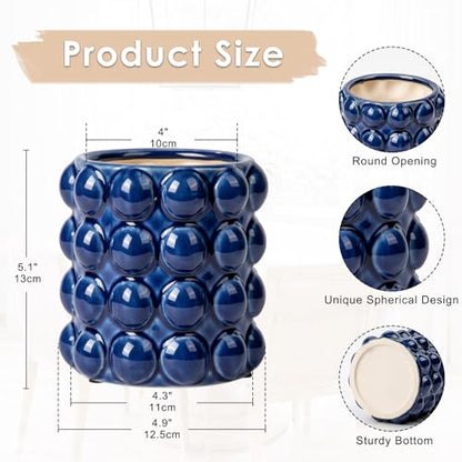 5 Inch Ceramic Planter Pot for Indoor Plants without Drainage Hole Bubble Flower Planter Hobnail Plant Pot Garden Planter Blue Succulent Plant Pot Utensil Holder - color: Blue # 5 Inch