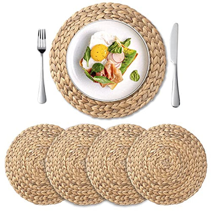 Round Woven Placemats Set of 4, Natural Water Hyacinth Place Mats, Boho Wicker Placemats, Table Mats for Dining Table (13.8 inch) by YANGQIHOME - size: 13.8 inch (Set of 4)