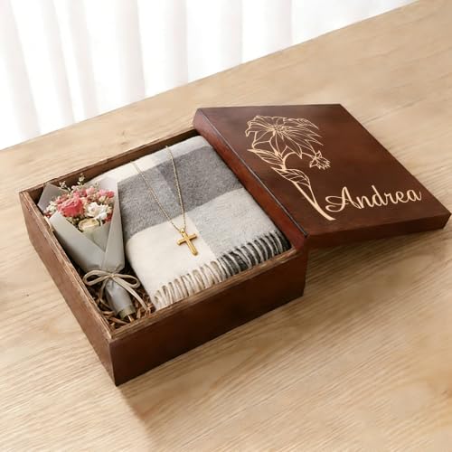 Personalized Wooden Memory Keepsake Box Custom with Birth Flower & Message | Jewelry, Photos & Memento Storage Chest, Customize Floral Design Wood Gift Box for Women, Mom & Girls, for Birthday Christmas - size: 7.7"L x 7.7"W x 3.9"H, style: Birth Flower