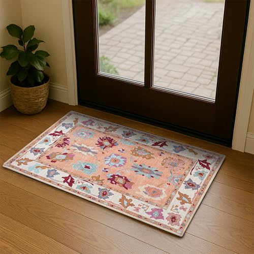 Fame Living Orange Oushak Rug, Modern Small Rugs, Vintage, Turkish, Eclectic, Floral, Pastel, Washable, Door mat, Doormat for Indoor Entrance, Entryway, Kitchen, Bathroom, Bedroom, Laundry, 2'x3' - color: Orange, size: 2' x 3' (Rectangular)