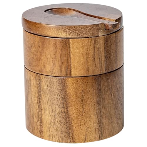Salt Box with Swivel Lid & Spoon Double-Layer Wooden Salt Box with Lid Compact Stylish Cella with Magnetic Rotating for Spices & Seasonings