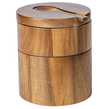 Salt Box with Swivel Lid & Spoon Double-Layer Wooden Salt Box with Lid Compact Stylish Cella with Magnetic Rotating for Spices & Seasonings