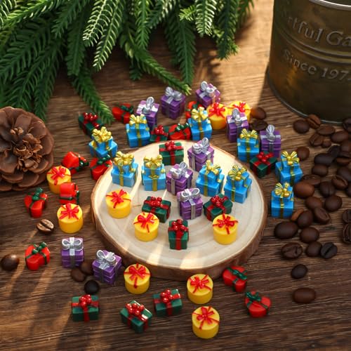 Bucherry 50 Pcs Miniature Gift Boxes Figurines Resin Charms DIY Craft for Garden Accessories Christmas Decoration Phone Case Making(Cute Style) - style: Cute Style